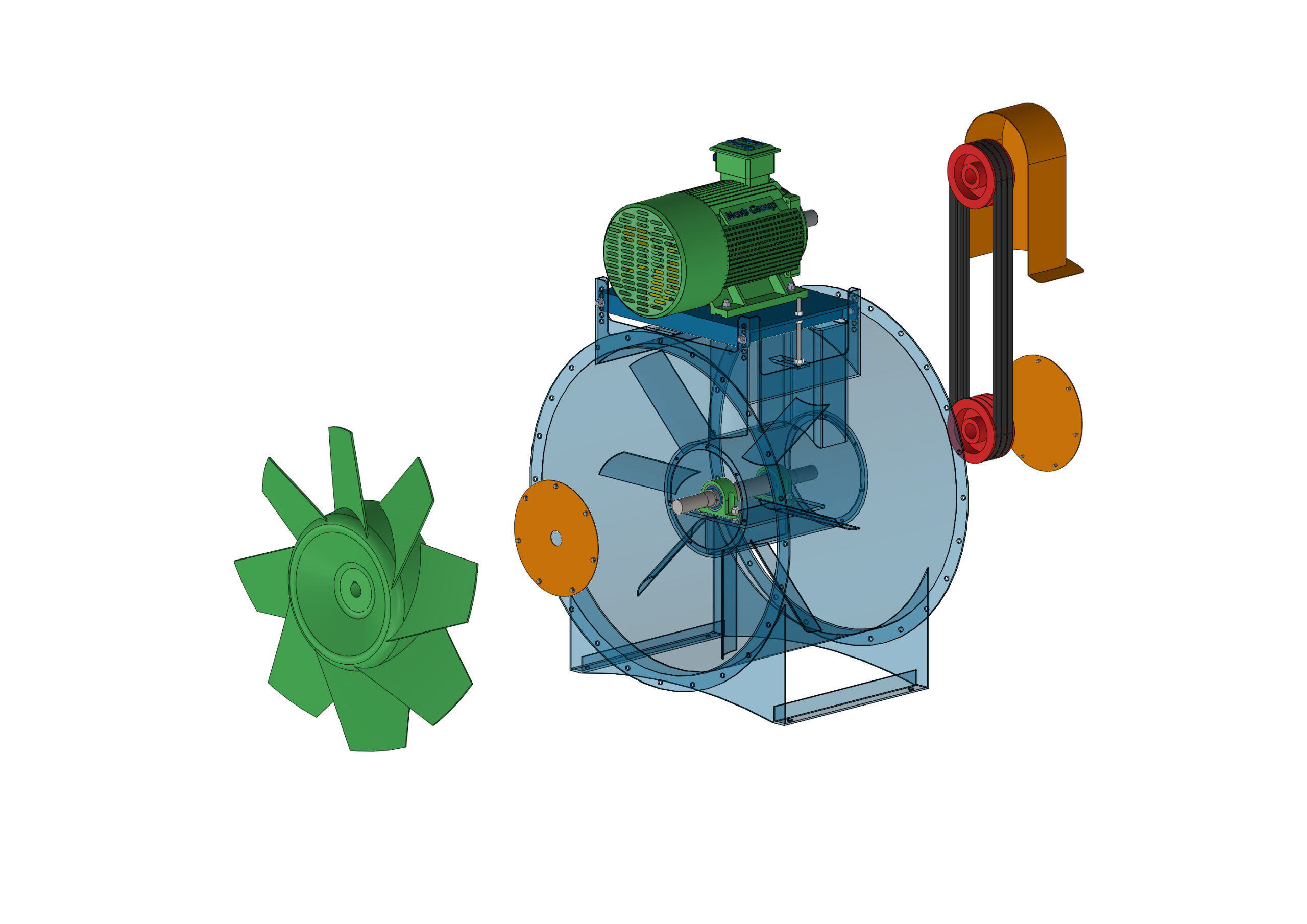 Quạt hướng trục gián tiếp gồm động cơ điện, cánh quạt, vỏ quạt và bộ truyền đai