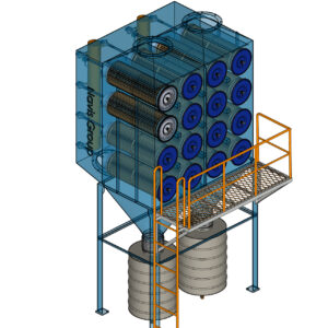 Cấu tạo lọc bụi Cartridge gồm lõi lọc bụi, van xung, nắp thay lõi lọc nhanh, thùng chứa bụi và nhiều chi tiết khác