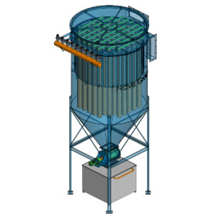 Cấu tạo lọc bụi Cyclone kết hợp túi vải gồm túi lọc, van xung, cụm van quay, thùng chứa bụi và vỏ thiết kế kiểu Cyclone