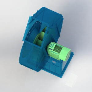 Cấu tạo quạt hút hơi hóa chất gồm cánh tiếp tuyến RT, động cơ và vỏ quạt