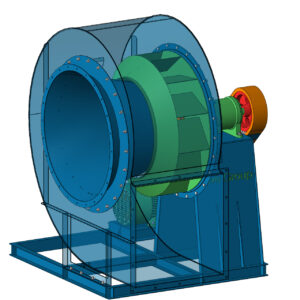 Cấu tạo quạt ly tâm hút khói model NCF-BI-B gồm cánh quạt dạng bản phẳng nghiêng về phía sau, bộ truyền động đai và vỏ thiết bị