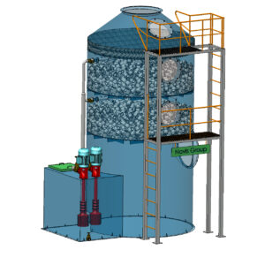 Cấu tạo tháp đệm hấp thụ công nghiệp gồm hệ thống bơm tuần hoàn dung dịch, lớp vật liệu đệm và tấm tách ẩm