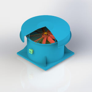 Quạt hút mái hướng trục có nón che mưa và lưới chắn côn trùng, phù hợp lắp đặt trên mái nhà